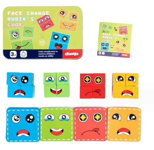 Jouet en Bois Expressions Cubes Magiques en Bois Blocs de Construction Motif Visage Jouets Éducatifs Montessori Puzzles Blocs à Assortir en Bois