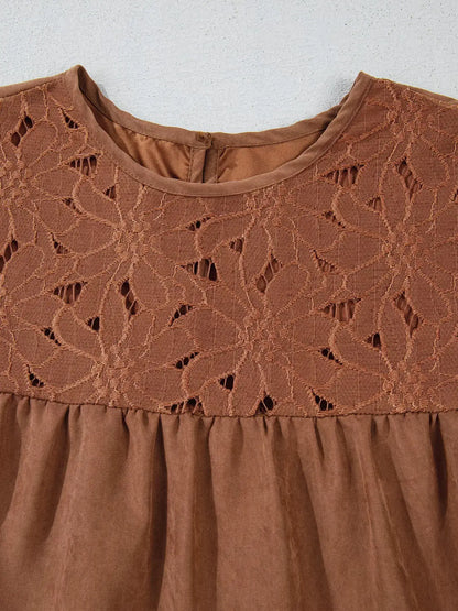 Floral Lace Crochet Tiered Ruffled Mini Dress in brown