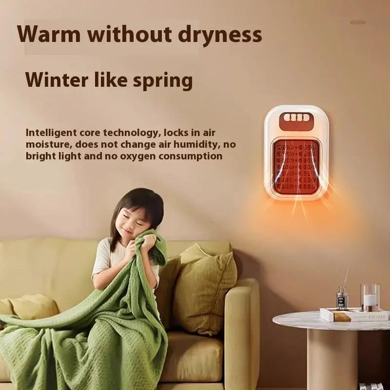 Wall-mounted electric heater with remote control; white body and orange heating panel.