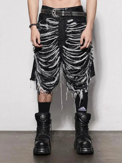 Mens frayed-hem black denim shorts with stud detail and black studded belt