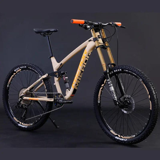 AdTec aluminum alloy mountain bike with tan frame, gold front suspension fork, orange grips
