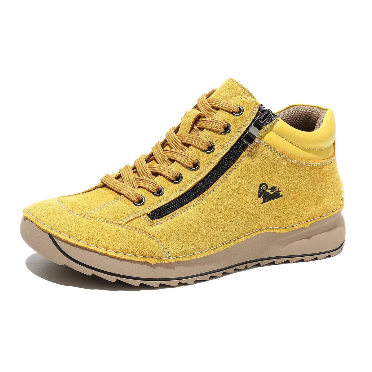 Women's yellow flat dress shoe by AdTec with laces and side zipper, suede upper.