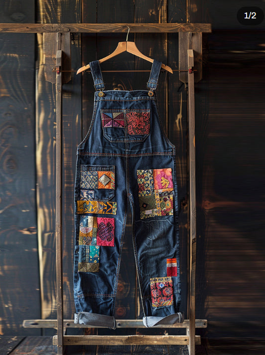 Combinaison en jean vintage patchwork à imprimé géométrique
