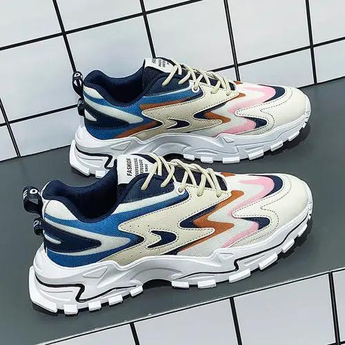 RunFlex™ breathable mesh sneakers pair in blue, cream, pink and tan with a chunky white outsole
