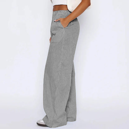 Pantalon rayé avec poches, pantalon décontracté et ample à jambe droite pour femmes