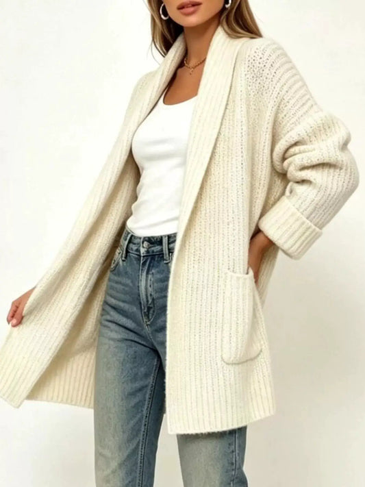 Plus Size Ribbed Open Front Cardigan with Side Pockets in Cream by Trendsi