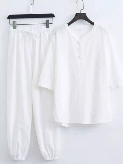 Men's plus-size Chinese-style pajama set in white with mandarin-collar top and elastic-cuffed pants