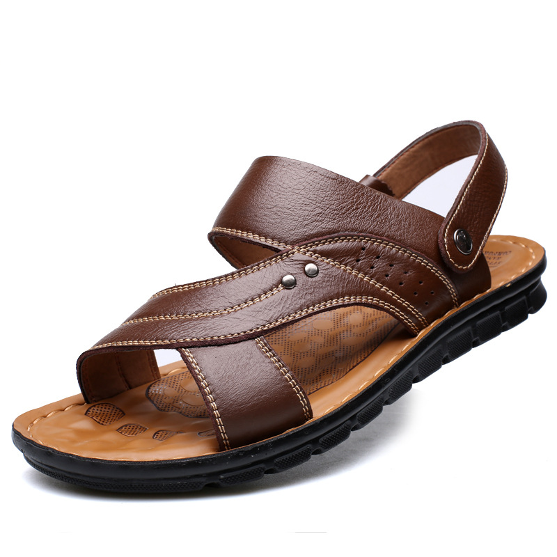 Men's AdTec brown leather sandals with adjustable back strap, cushioned footbed, black outsole