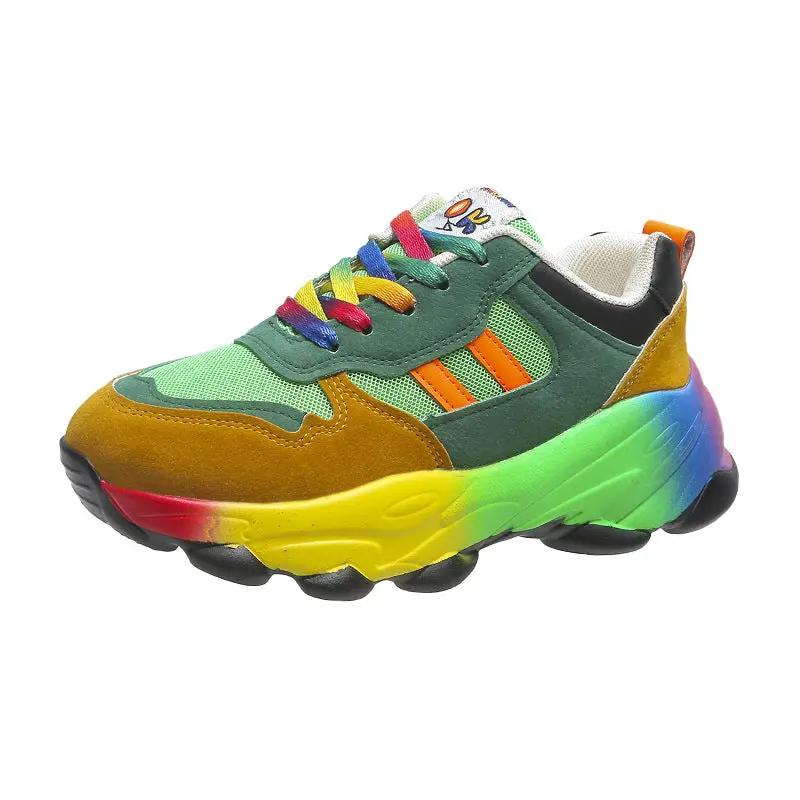 AdTec women's chunky sneaker with rainbow gradient sole, green/orange suede overlays, lace-up front