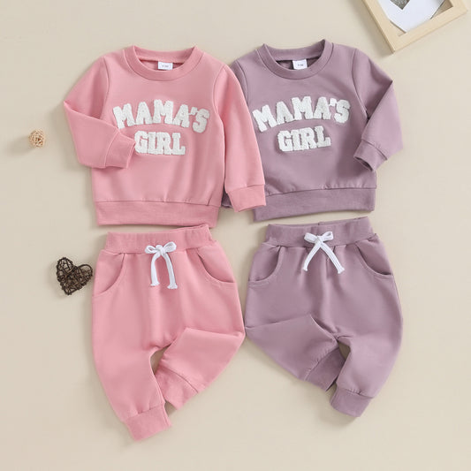 Baby Girl Solid Color Letters Embroidered Sweater Long Sleeve Trousers Suit