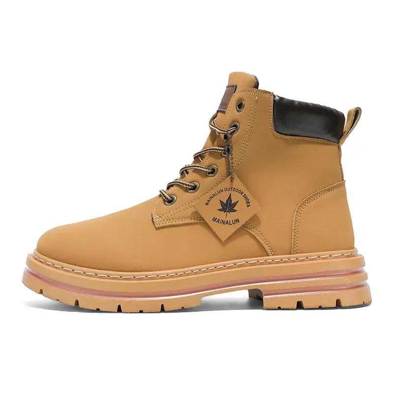AdTec winter workwear boot for teens, tan leather with black padded collar and chunky tread sole
