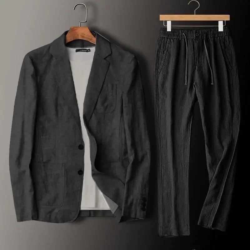 Men's 2-piece linen suit set: blazer and pants in charcoal gray, lightweight and breathable