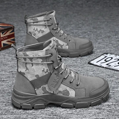 AdTec Mens High-top Hiking Boots in gray camo with suede accents and rugged lug sole, two boots shown.