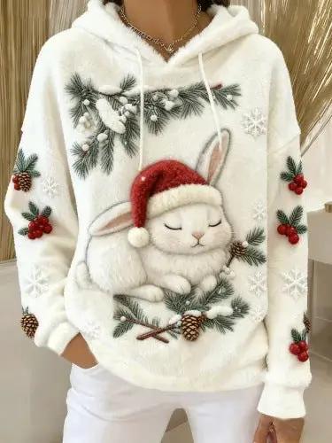 Women's Flannel Christmas Crew-Neck Long-Sleeve Top; white fleece with a bunny in a Santa hat among pine branches.