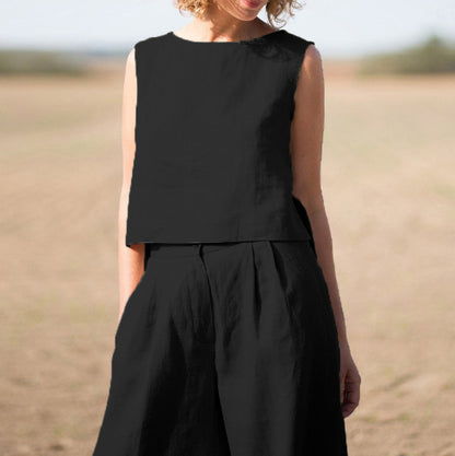 Traje de algodón de lino de algodón retro de color sólido de manga larga para mujer