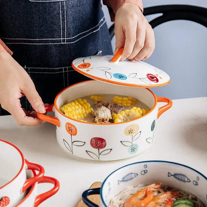 Double-handled AdTec ceramic soup bowl with lid, white with orange trim and floral pattern