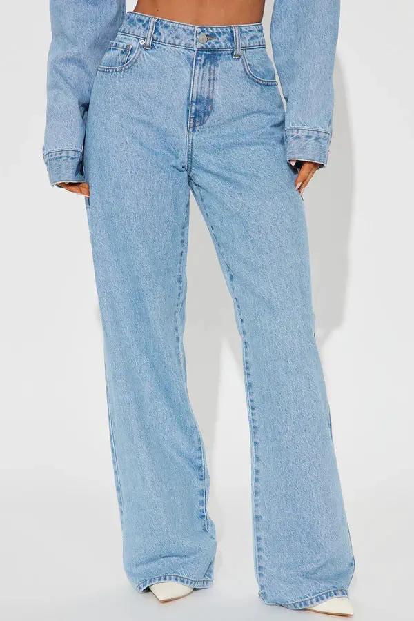 Straight Slimming Trousers Love Pocket High Waist Loose Jeans, light blue denim, wide-leg silhouette