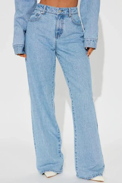 Straight Slimming Trousers Love Pocket High Waist Loose Jeans, light blue denim, wide-leg silhouette