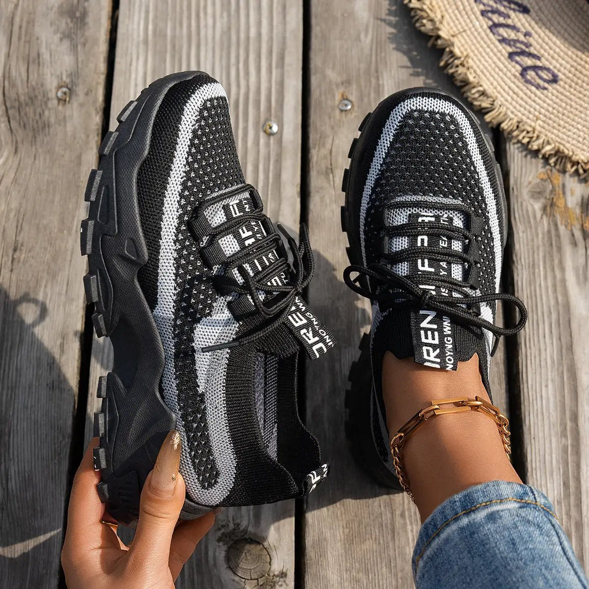 AdTec women's flyknit mesh sneakers; black/gray breathable lace-up pair of walking shoes