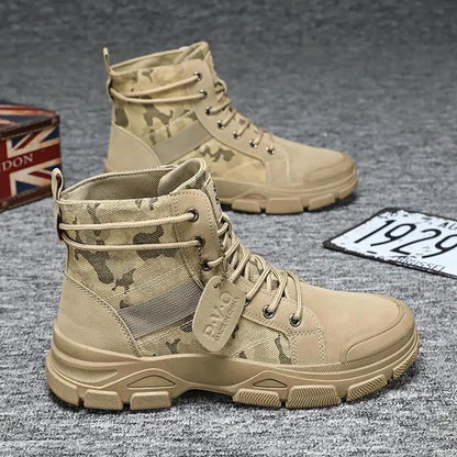 Mens High-top Hiking Mid-cut Boots, tan camouflage with rugged lug soles; pair shown.