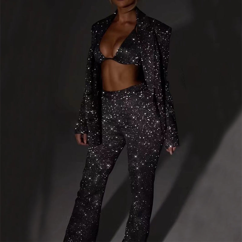 Traje brillante de 3 piezas de manga larga con sujetador, blazer de solapa y pantalones de pernera recta, conjunto de chaqueta de moda para fiesta, ropa de mujer