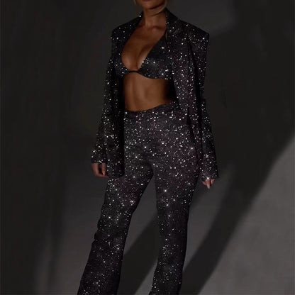 Traje brillante de 3 piezas de manga larga con sujetador, blazer de solapa y pantalones de pernera recta, conjunto de chaqueta de moda para fiesta, ropa de mujer
