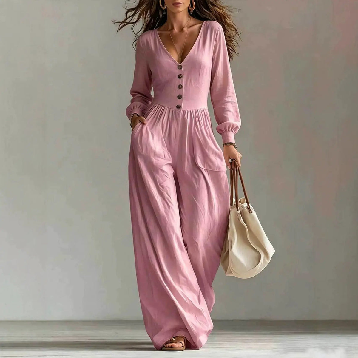 Jumpsuit for women by AdTec, pink V-neck long-sleeve with pockets, wide-leg