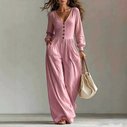 Jumpsuit for women by AdTec, pink V-neck long-sleeve with pockets, wide-leg