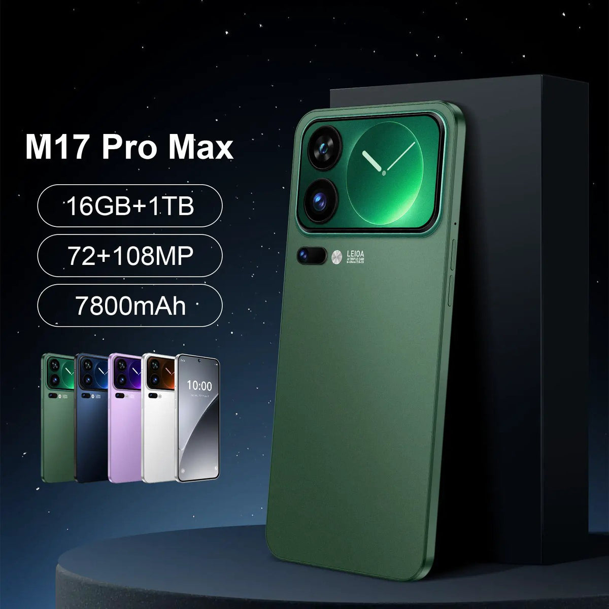 AdTec M17 Pro Max smartphone in green with dual camera module; 16GB+1TB, 72+108MP, 7800mAh; color options shown.