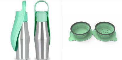 Portable dog water bottle with green silicone leaf sleeve and collapsible green bowl
