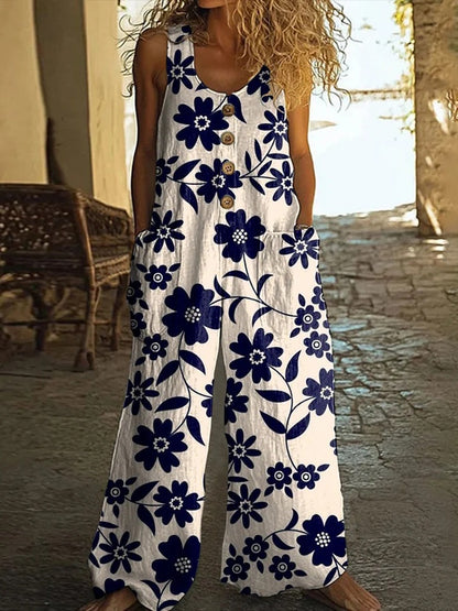 Mono de Moda Floral para Mujer con Bolsillos y Chaleco