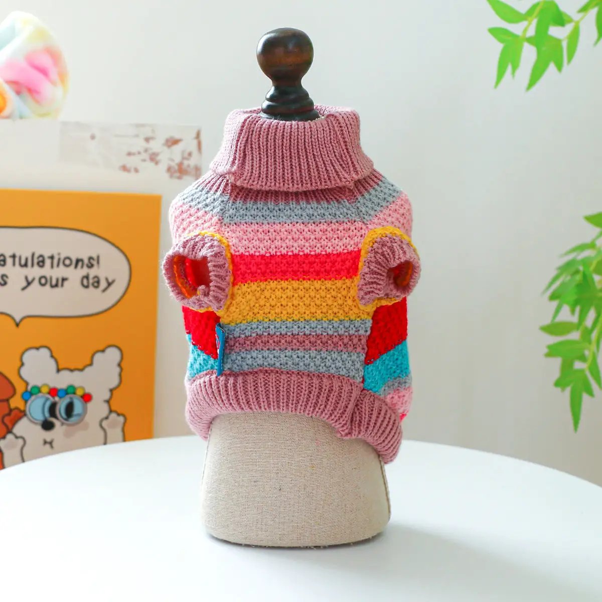 Pet sweater with colorful striped knit and pink turtleneck, AdTec brand