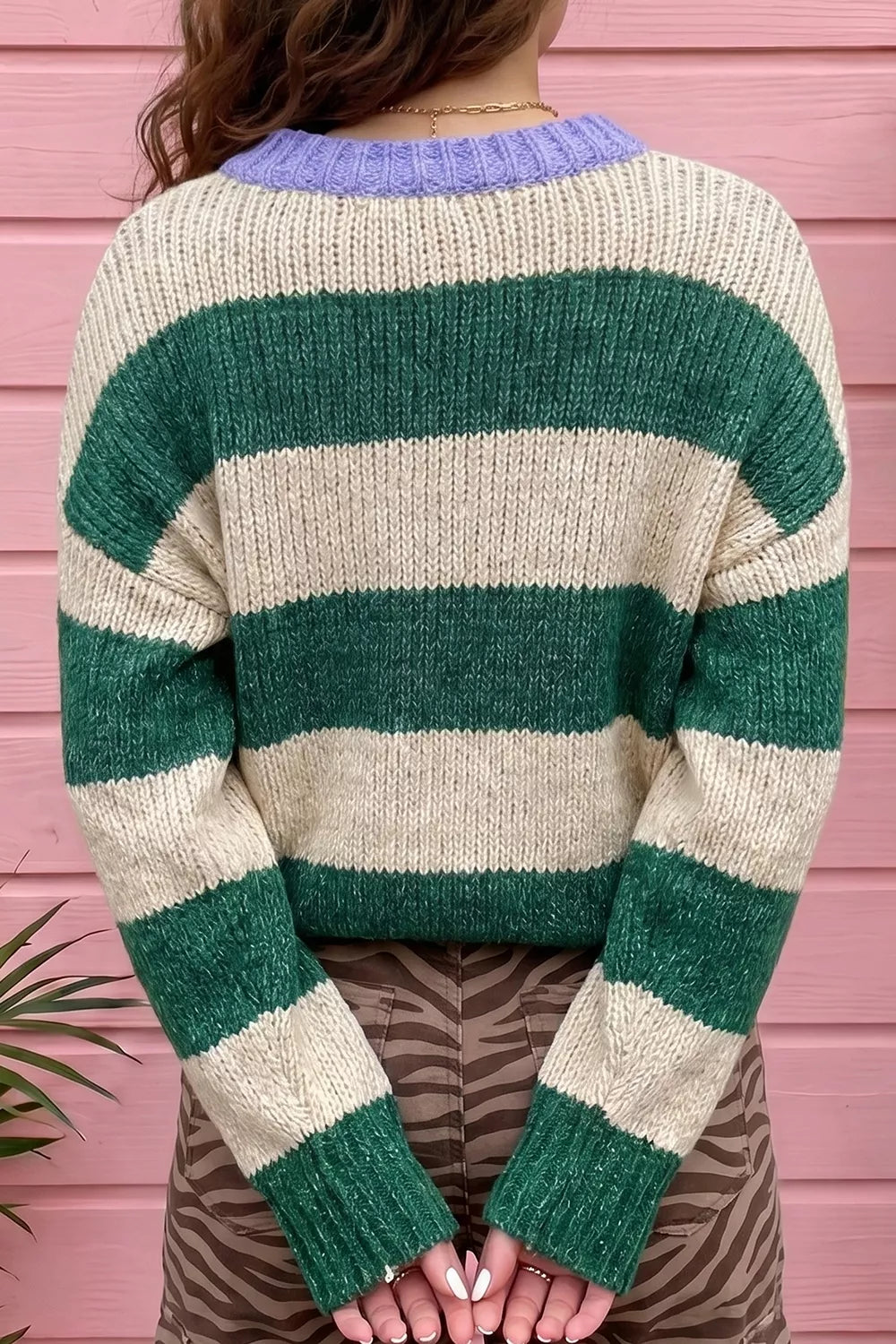 Striped colorblock drop-shoulder cropped pullover sweater in beige and green with lavender neckline