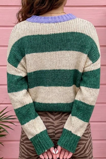 Striped colorblock drop-shoulder cropped pullover sweater in beige and green with lavender neckline