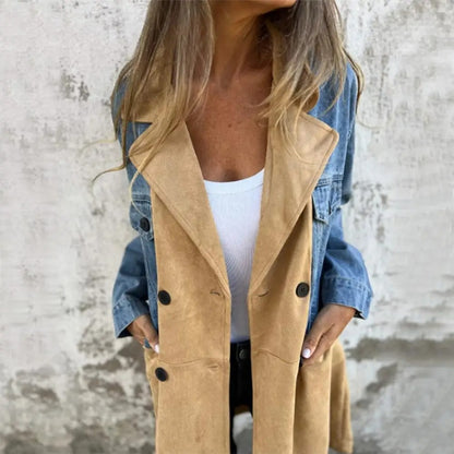Abrigo de longitud media con cuello de traje y costuras de mezclilla para mujer