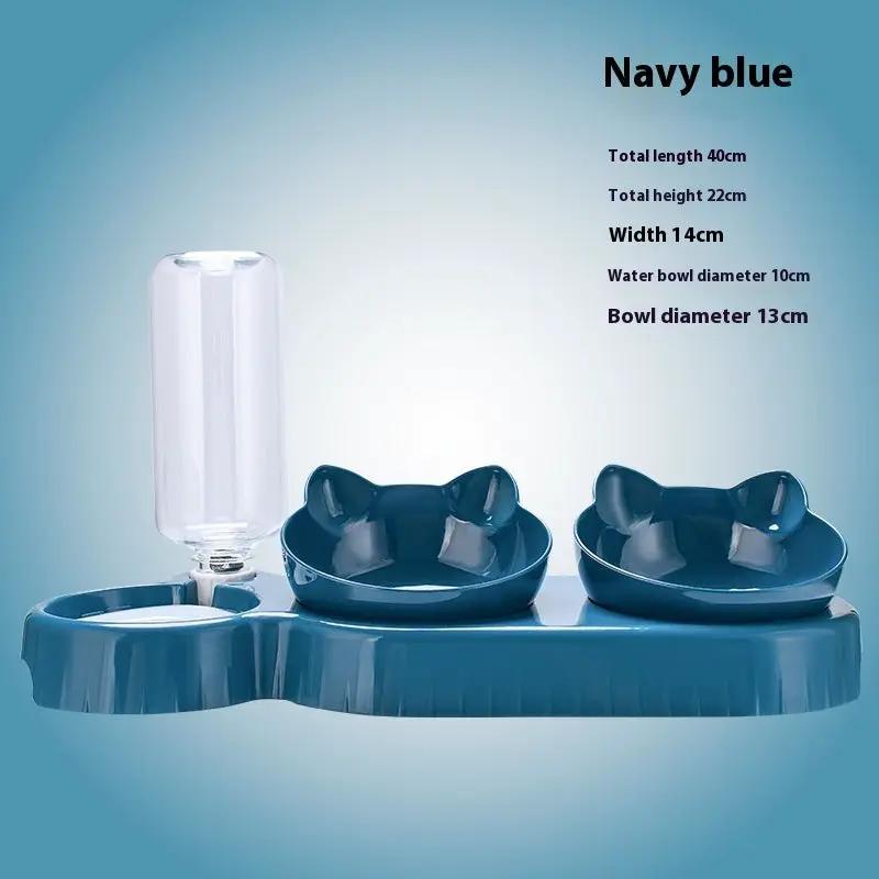 AdTec navy blue double-bowl pet feeding station with water bottle and automatic drinking feature.