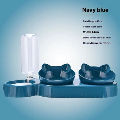 AdTec navy blue double-bowl pet feeding station with water bottle and automatic drinking feature.
