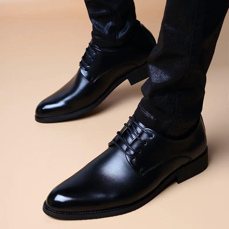 Men's British-style pointed-toe lace-up height-increasing dress shoes, black leather, AdTec