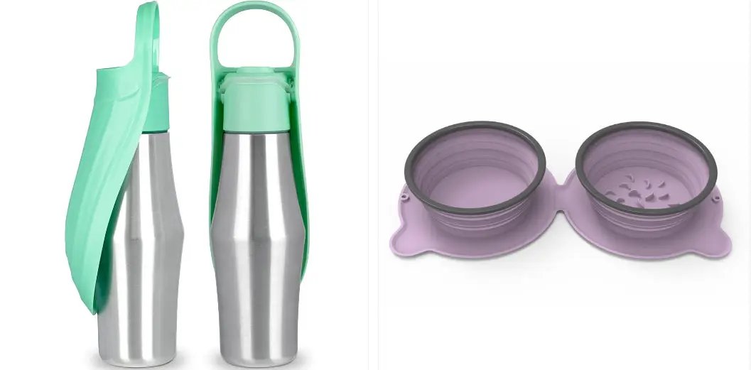 Portable dog water bottle with green silicone sleeve and purple foldable bowls set of two