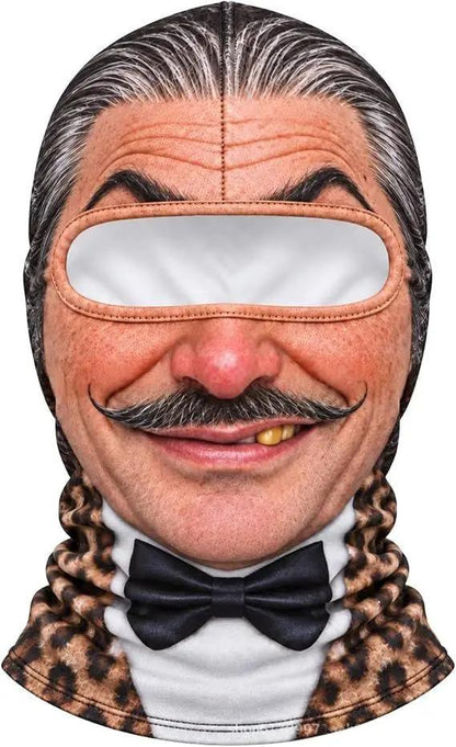 Realistic winter ski face mask balaclava by AdTec with mustache, bow tie, leopard-print collar