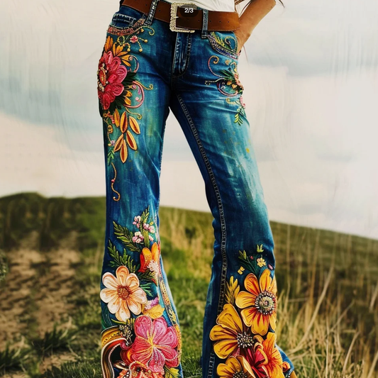 Vaqueros estilo western con estampado floral artístico vintage