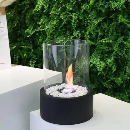 Extra Large Portable Tabletop Fire Bowl 22x28cm, black base, glass guard, white stones, bio-ethanol, JHY DESIGN