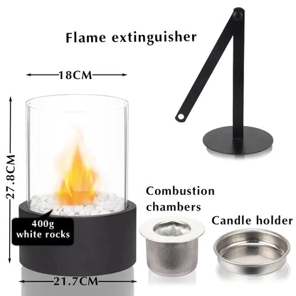 JHY DESIGN Extra Large Portable Tabletop Fire Bowl with glass cylinder, black base and white rocks, ventless bio-ethanol
