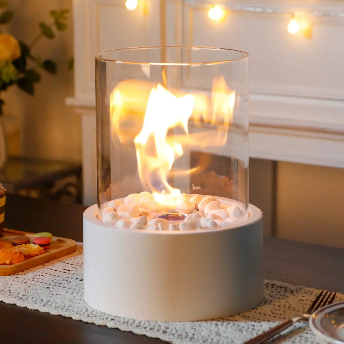 Extra Large Portable Tabletop Fire Bowl 22x28cm with glass cylinder and decorative stones.