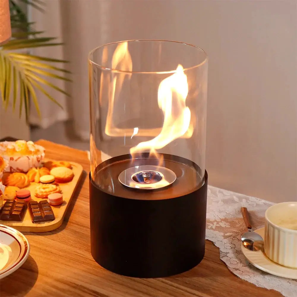 11.5-inch tabletop fire bowl fireplace with glass cylinder on a black base (gel/ethanol), JHY DESIGN.