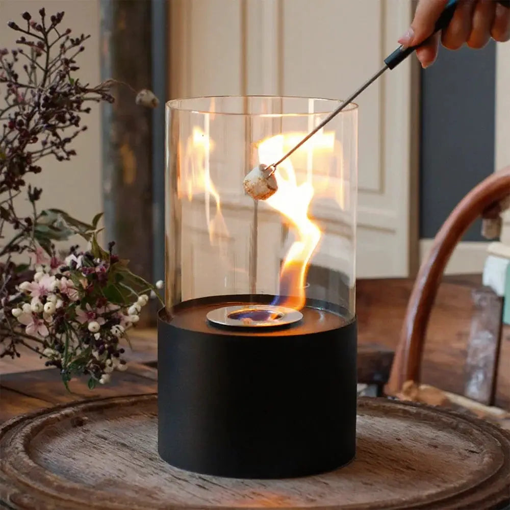 Tabletop 11.5in fire bowl fireplace by JHY DESIGN with glass cylinder and black base