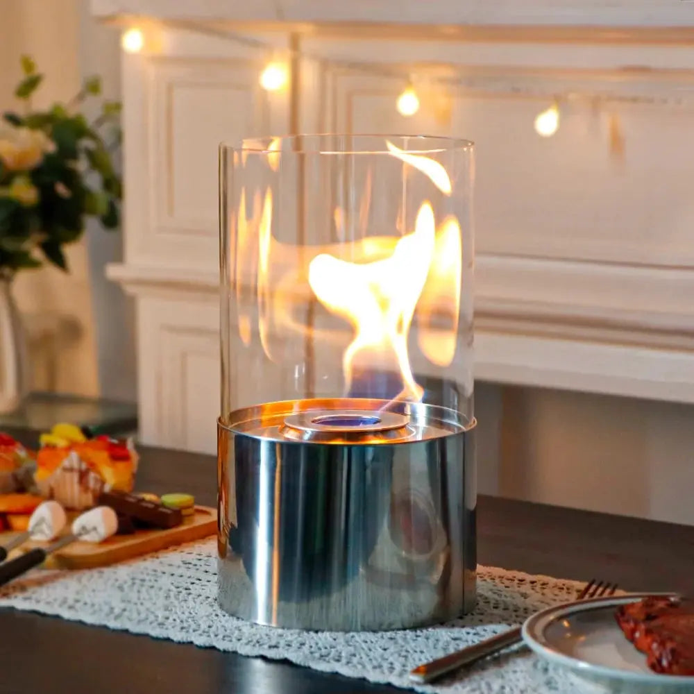 JHY DESIGN 11.5-inch table-top fire bowl with glass cylinder and stainless-steel base for gel/ethanol fireplace
