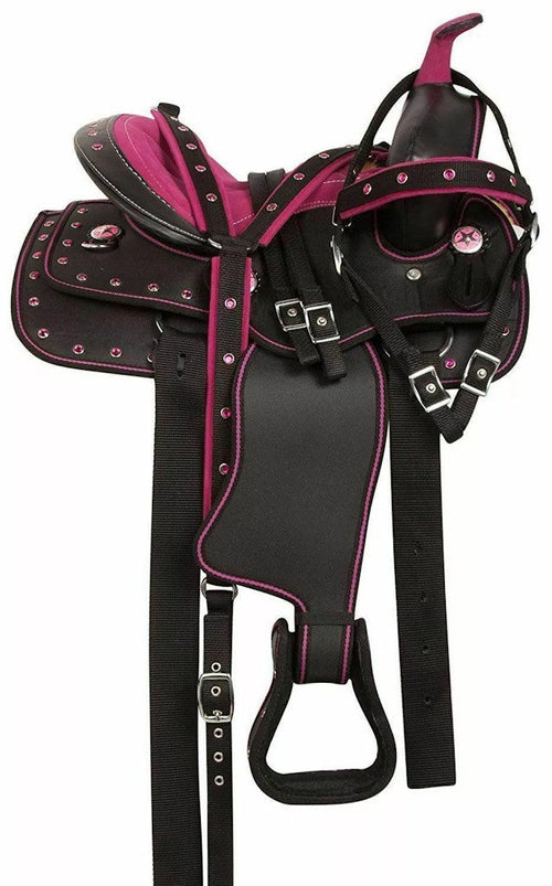 Silla de montar de caballo de carreras de barriles Western sintética morada con aparejos
