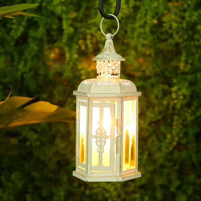 Hanging vintage-style metal lantern candleholder with distressed white finish, 10-inch
