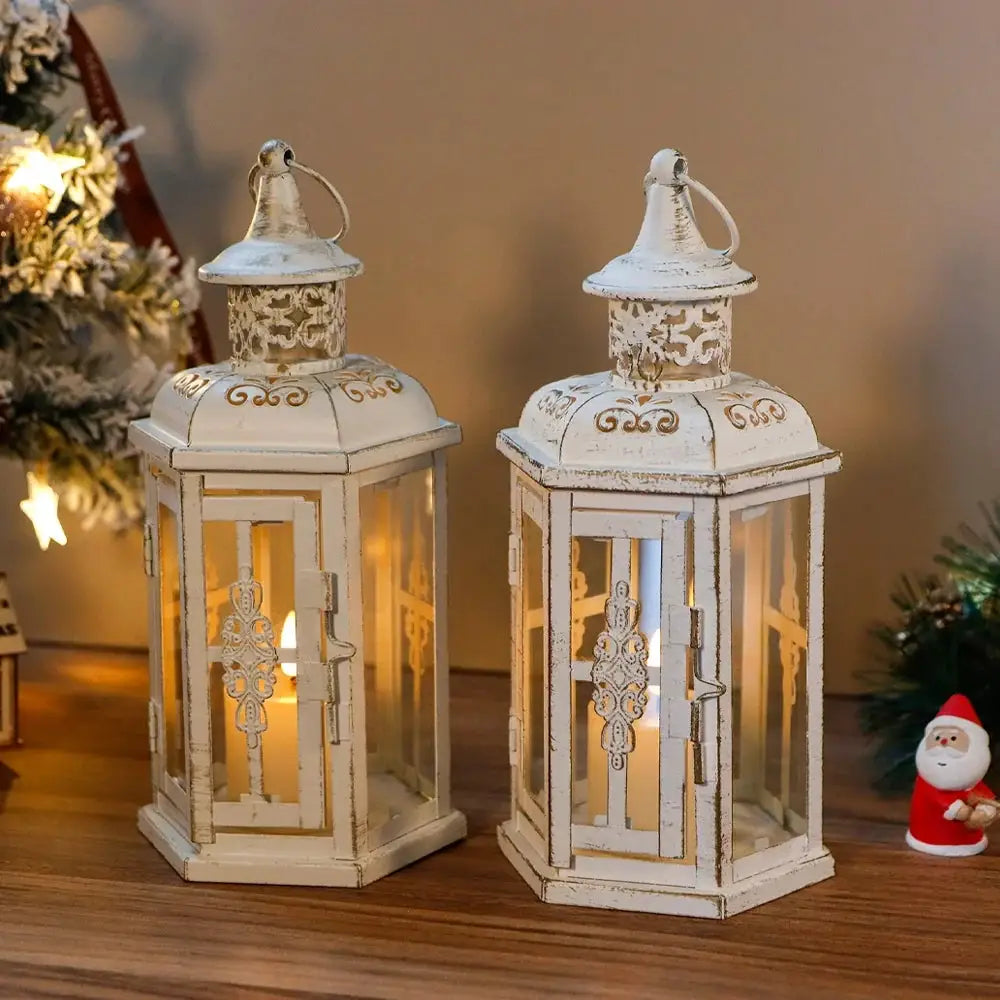 10-inch vintage style hanging lanterns, set of 2, distressed white decorative candle lanterns by JHY DESIGN